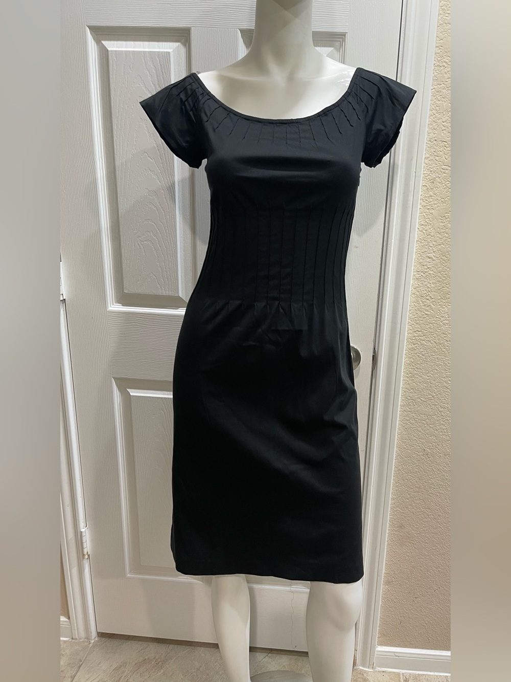 Theory Black Ashby Pintuck Sheath Dress Cap Sleeve Cotton Blend Size 0